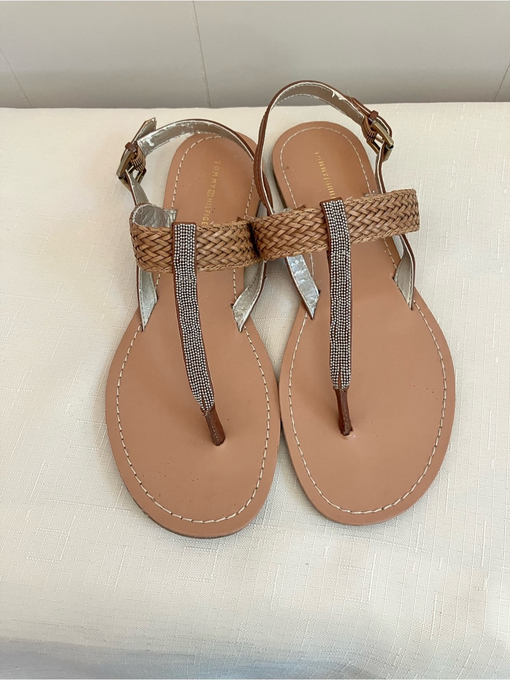 Woven T-Strap Tan Sandals with Rhinestone Detail